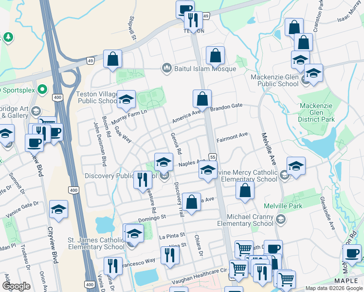 map of restaurants, bars, coffee shops, grocery stores, and more near 5 Madeira Avenue in Vaughan