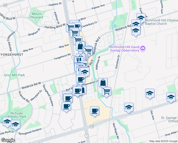 map of restaurants, bars, coffee shops, grocery stores, and more near 33 Weldrick Road East in Richmond Hill