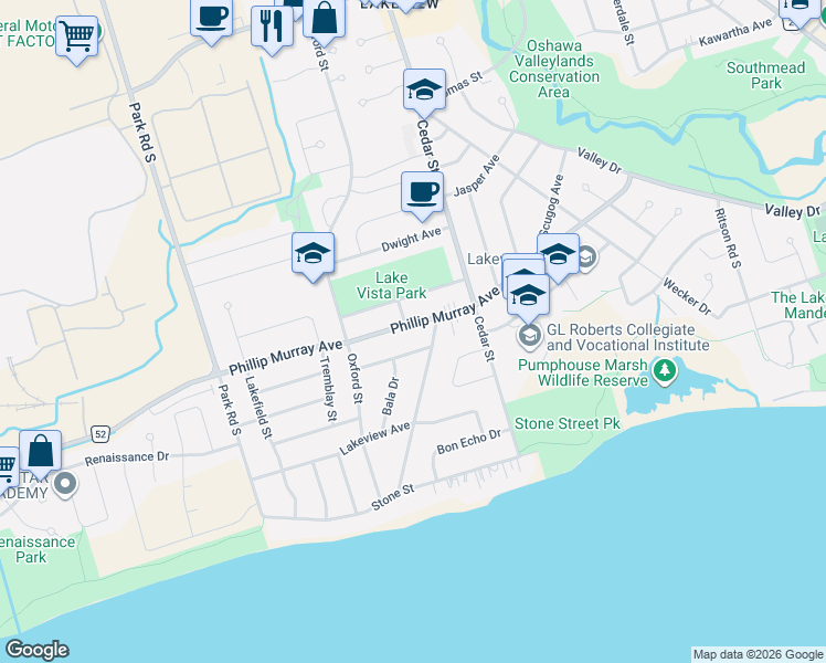 map of restaurants, bars, coffee shops, grocery stores, and more near 497 Phillip Murray Avenue in Oshawa