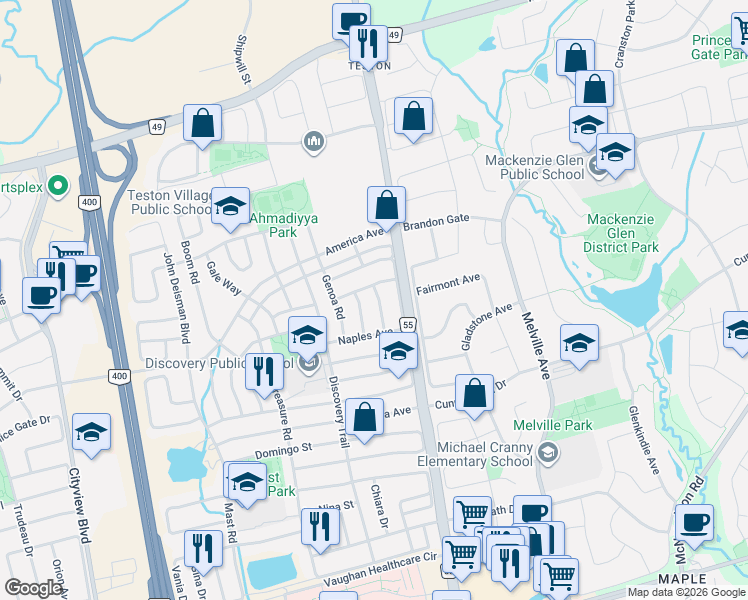 map of restaurants, bars, coffee shops, grocery stores, and more near in Vaughan