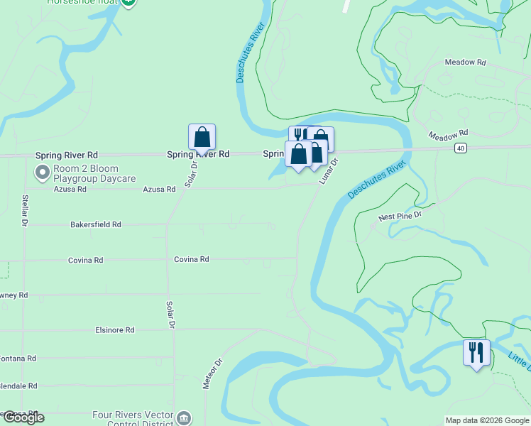 map of restaurants, bars, coffee shops, grocery stores, and more near 17302 Bakersfield Road in Bend