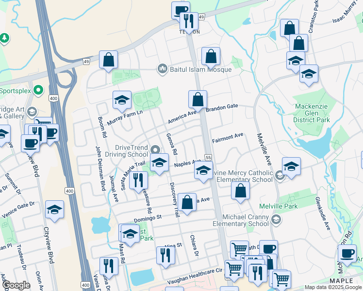 map of restaurants, bars, coffee shops, grocery stores, and more near 15 Madeira Avenue in Vaughan