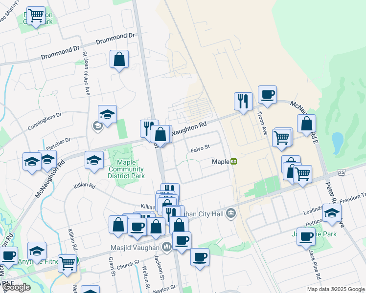 map of restaurants, bars, coffee shops, grocery stores, and more near 93 Falvo Street in Vaughan