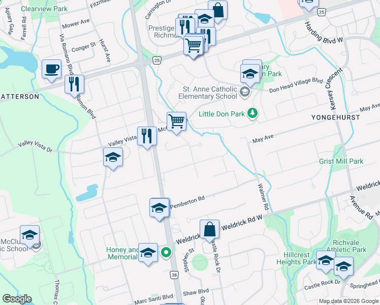 map of restaurants, bars, coffee shops, grocery stores, and more near 6 Hart Street in Richmond Hill