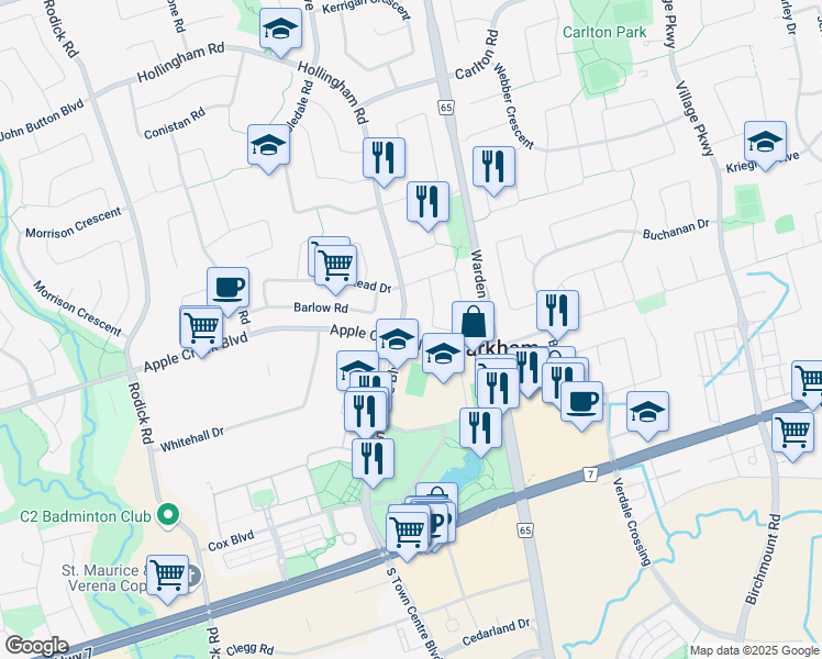map of restaurants, bars, coffee shops, grocery stores, and more near 3 Hollingham Road in Markham