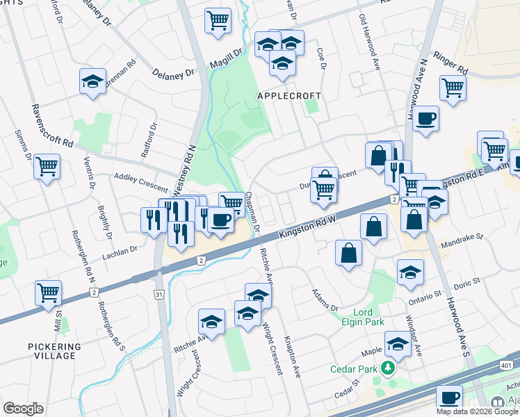 map of restaurants, bars, coffee shops, grocery stores, and more near Abela Lane in Ajax