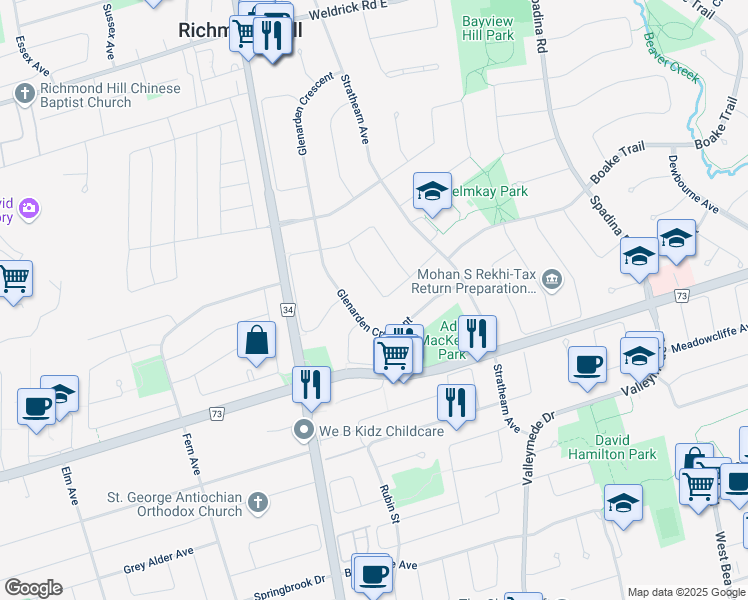 map of restaurants, bars, coffee shops, grocery stores, and more near 28 Dunloe Road in Richmond Hill