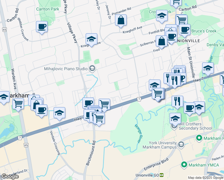 map of restaurants, bars, coffee shops, grocery stores, and more near 38 Ferrah Street in Markham