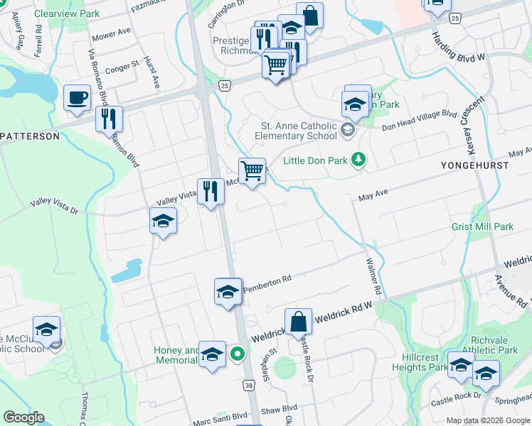 map of restaurants, bars, coffee shops, grocery stores, and more near 6 Hart Street in Richmond Hill