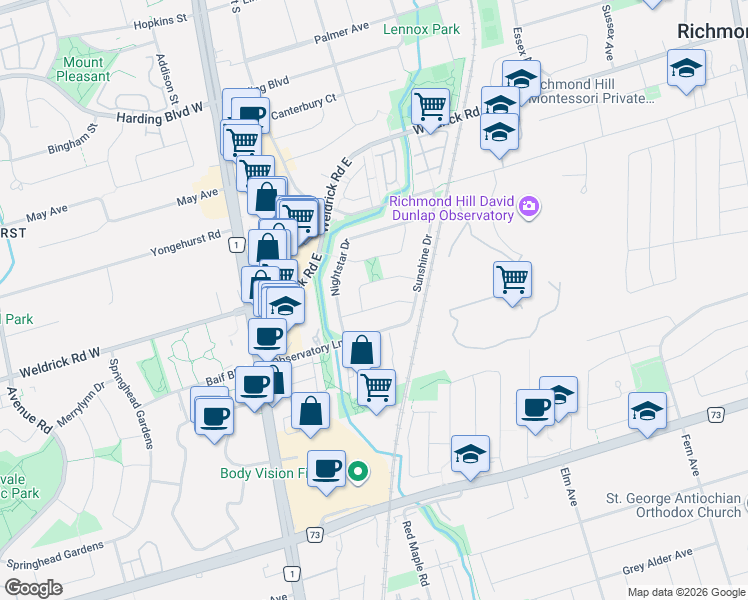 map of restaurants, bars, coffee shops, grocery stores, and more near 36 Moonlight Lane in Richmond Hill