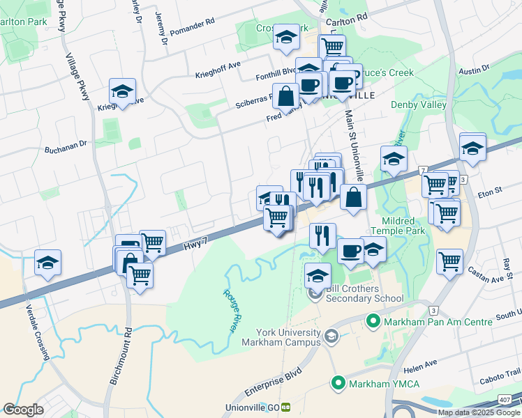 map of restaurants, bars, coffee shops, grocery stores, and more near 4271 Highway 7 in Markham