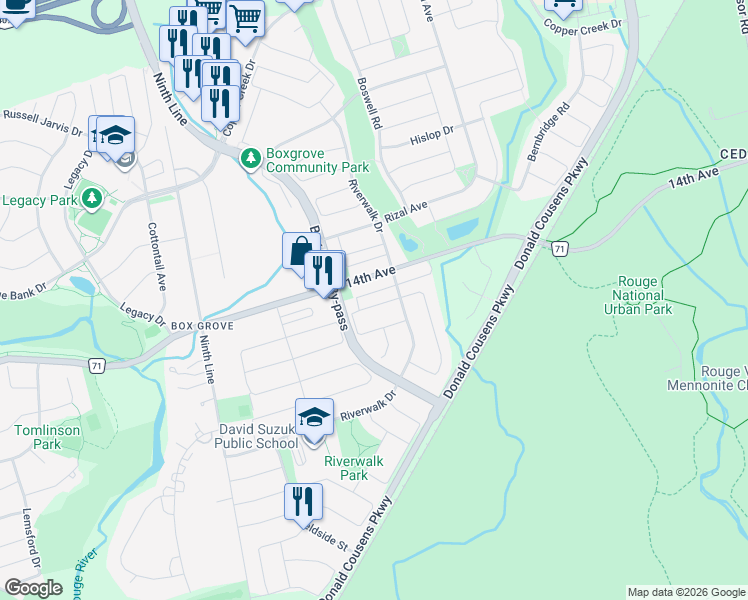 map of restaurants, bars, coffee shops, grocery stores, and more near 77 Andriana Crescent in Markham