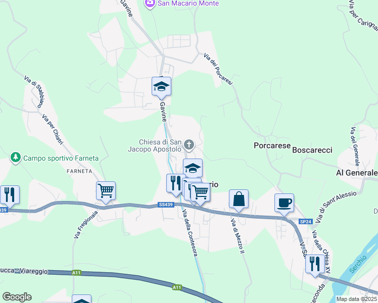 map of restaurants, bars, coffee shops, grocery stores, and more near Via della Chiesa XXIII in Lucca