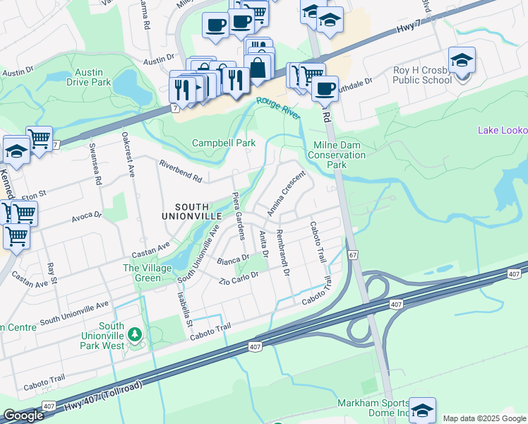map of restaurants, bars, coffee shops, grocery stores, and more near 598 South Unionville Avenue in Markham