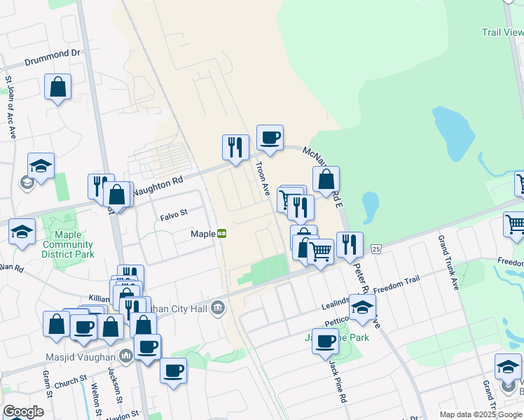 map of restaurants, bars, coffee shops, grocery stores, and more near 100 Eagle Rock Way in Vaughan