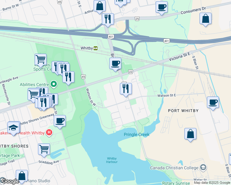 map of restaurants, bars, coffee shops, grocery stores, and more near 1625 Charles Street in Whitby