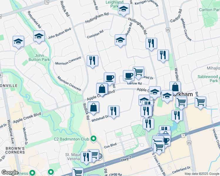 map of restaurants, bars, coffee shops, grocery stores, and more near 50 Ellingwood Court in Markham