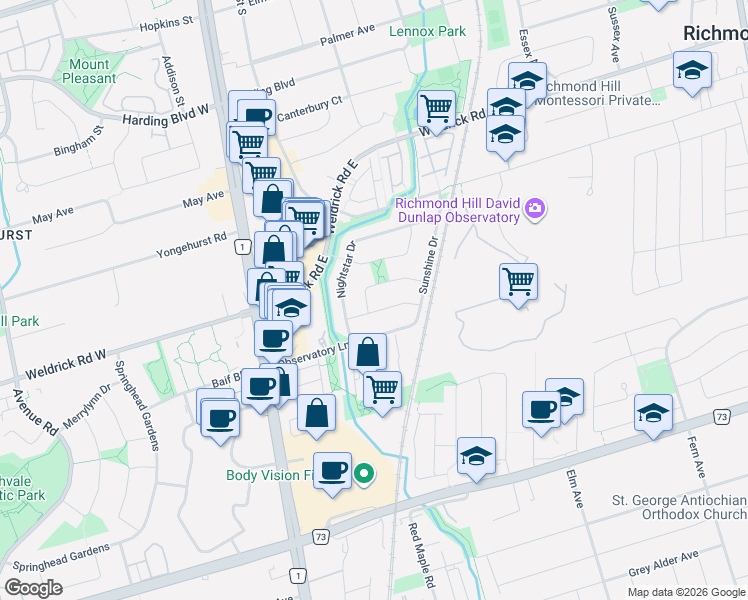 map of restaurants, bars, coffee shops, grocery stores, and more near 5 Constellation Crescent in Richmond Hill