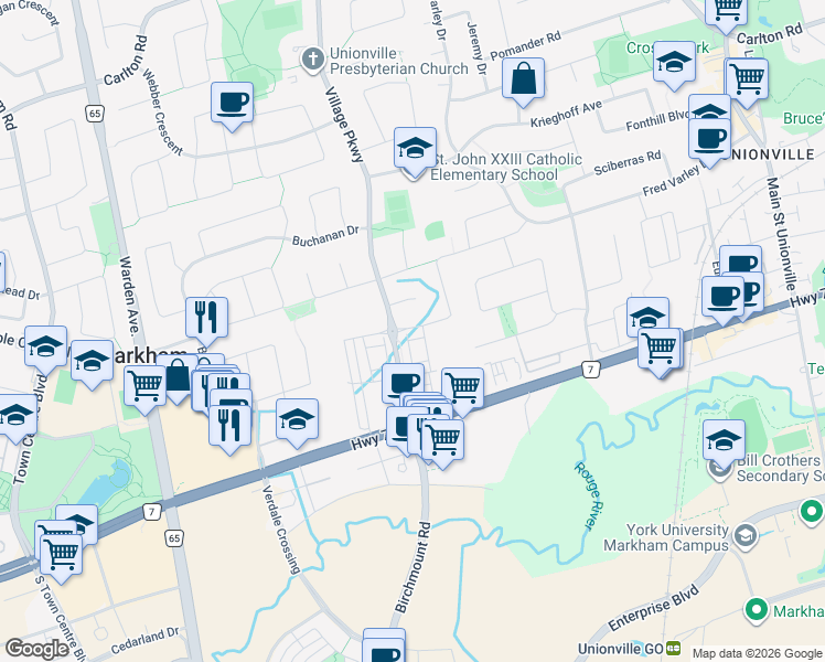 map of restaurants, bars, coffee shops, grocery stores, and more near 75 Fitzgerald Avenue in Markham
