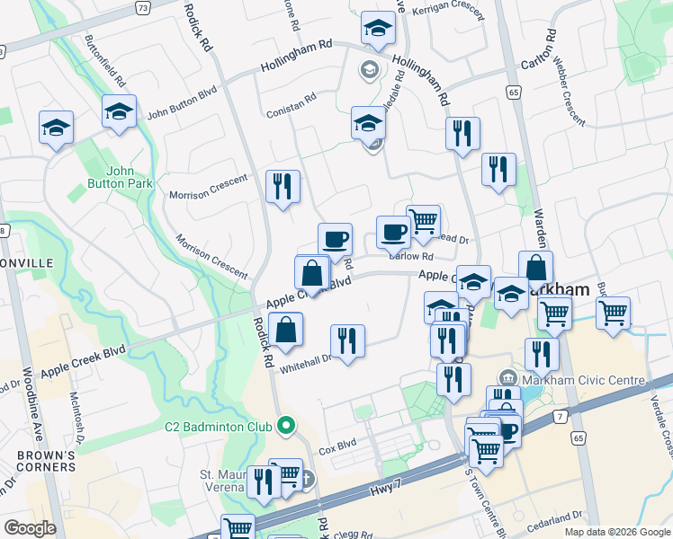 map of restaurants, bars, coffee shops, grocery stores, and more near 2 Corby Road in Markham