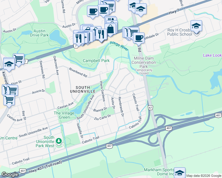 map of restaurants, bars, coffee shops, grocery stores, and more near 590 South Unionville Avenue in Markham