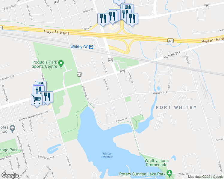 map of restaurants, bars, coffee shops, grocery stores, and more near in Whitby