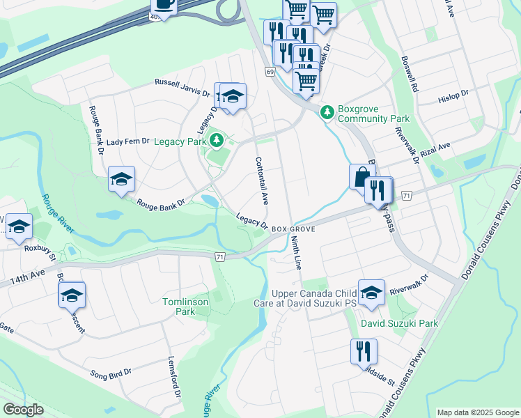 map of restaurants, bars, coffee shops, grocery stores, and more near 7 Legacy Drive in Markham