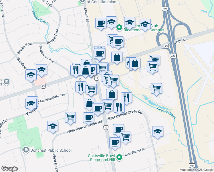 map of restaurants, bars, coffee shops, grocery stores, and more near 50 Mural Street in Richmond Hill