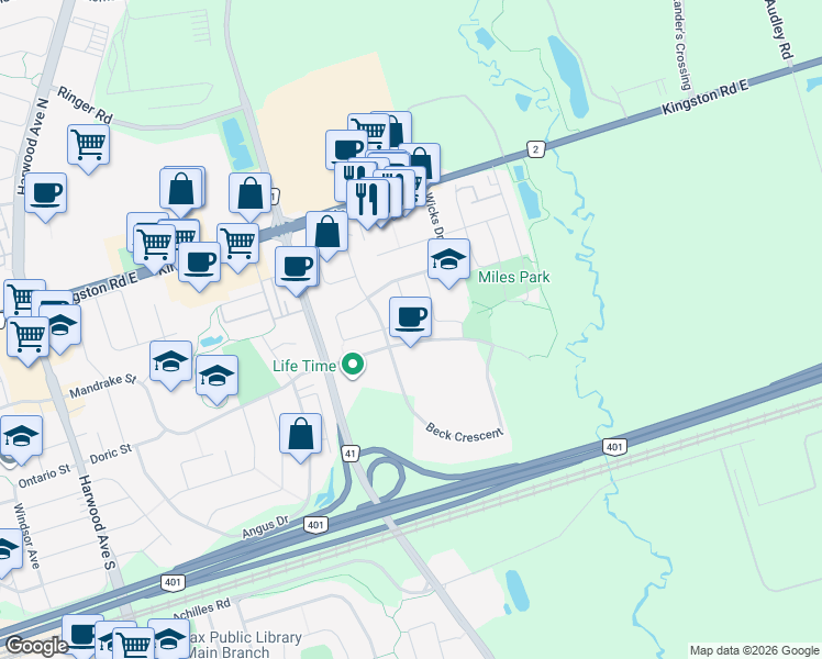 map of restaurants, bars, coffee shops, grocery stores, and more near 75 Chambers Drive in Ajax
