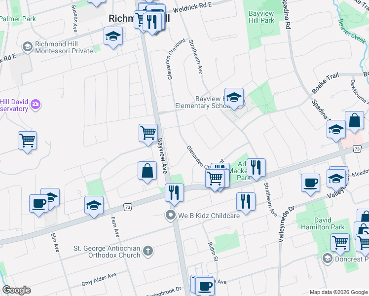map of restaurants, bars, coffee shops, grocery stores, and more near 1 Ardmore Crescent in Richmond Hill