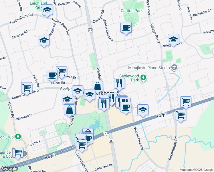 map of restaurants, bars, coffee shops, grocery stores, and more near 64 Spanhouse Crescent in Markham