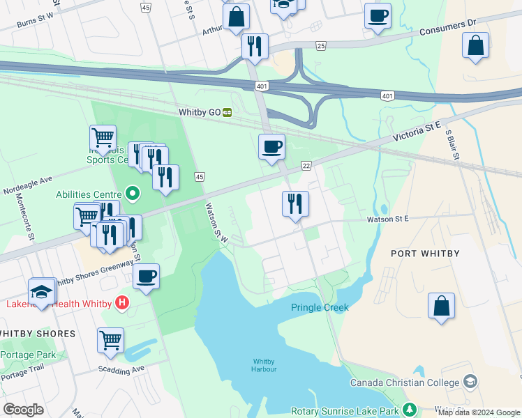map of restaurants, bars, coffee shops, grocery stores, and more near in Whitby