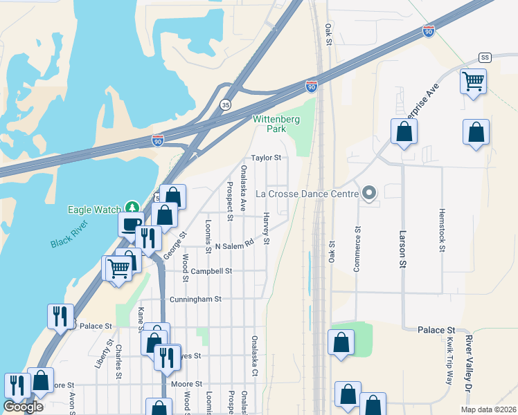 map of restaurants, bars, coffee shops, grocery stores, and more near 2628 Onalaska Avenue in La Crosse