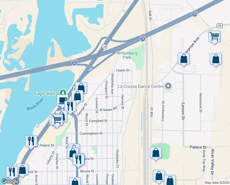 map of restaurants, bars, coffee shops, grocery stores, and more near 2628 Onalaska Avenue in La Crosse