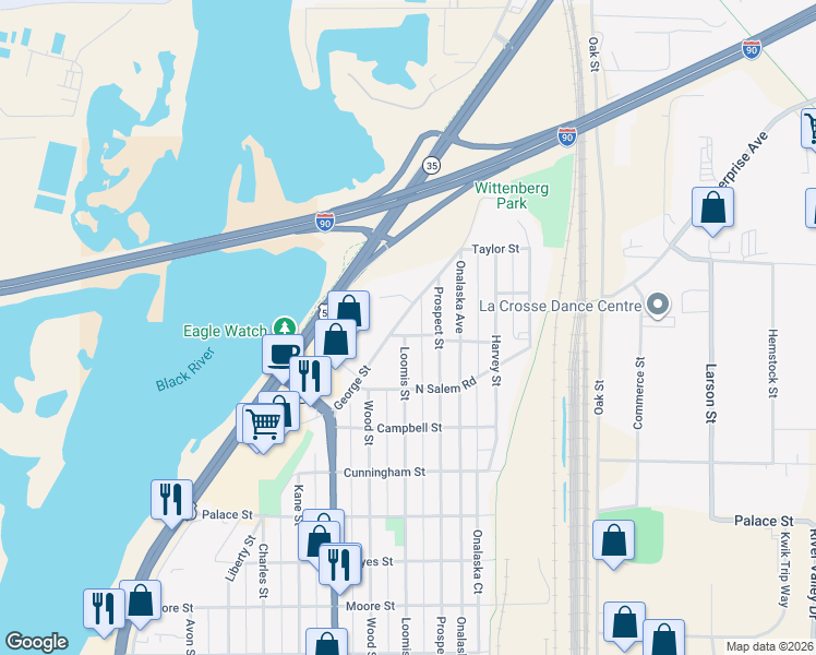 map of restaurants, bars, coffee shops, grocery stores, and more near 2631 Loomis Street in La Crosse