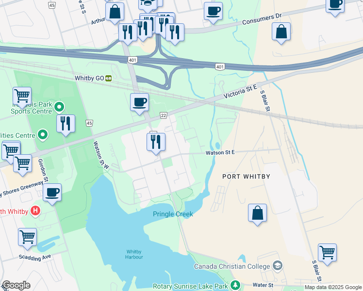 map of restaurants, bars, coffee shops, grocery stores, and more near 1625 Dufferin Street in Whitby
