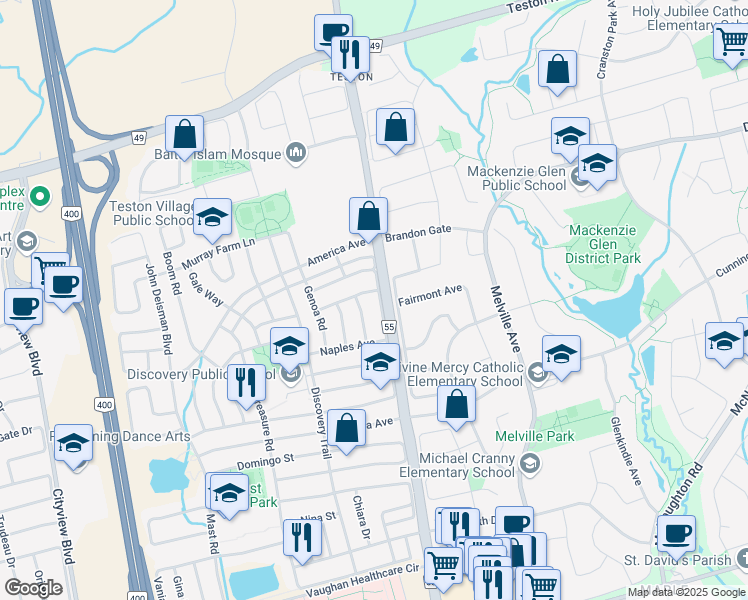 map of restaurants, bars, coffee shops, grocery stores, and more near 152 Equator Crescent in Vaughan