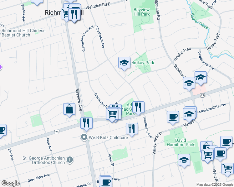 map of restaurants, bars, coffee shops, grocery stores, and more near in Richmond Hill