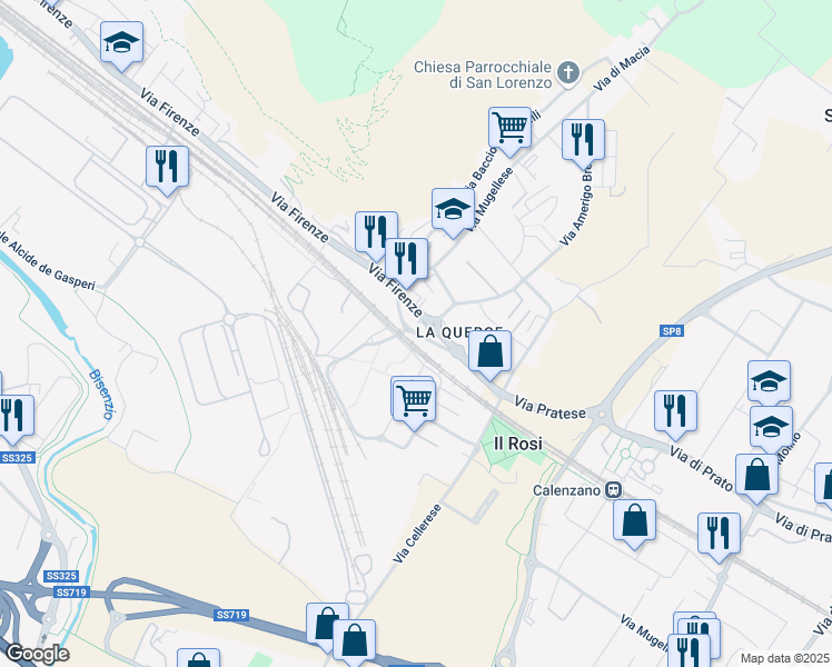 map of restaurants, bars, coffee shops, grocery stores, and more near 405 Via Firenze in Prato