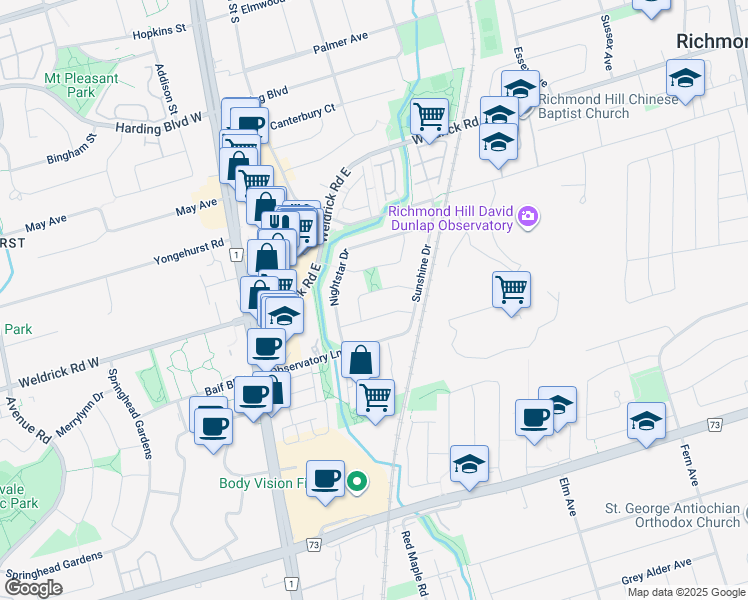 map of restaurants, bars, coffee shops, grocery stores, and more near 29 Constellation Crescent in Richmond Hill