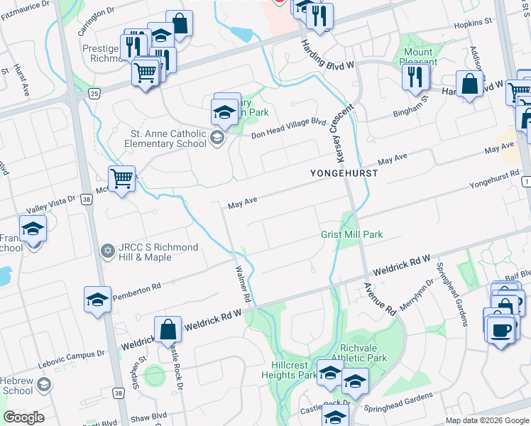 map of restaurants, bars, coffee shops, grocery stores, and more near 180 Marsi Road in Richmond Hill
