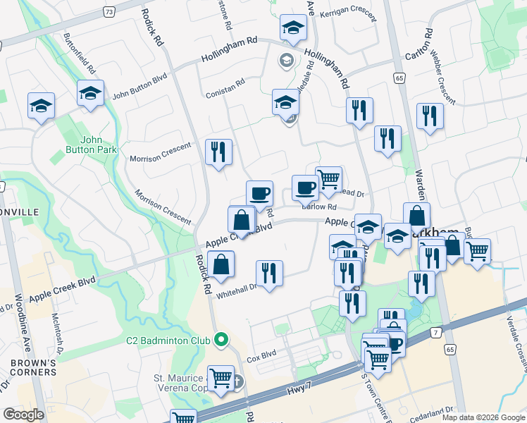 map of restaurants, bars, coffee shops, grocery stores, and more near 4 Corby Road in Markham
