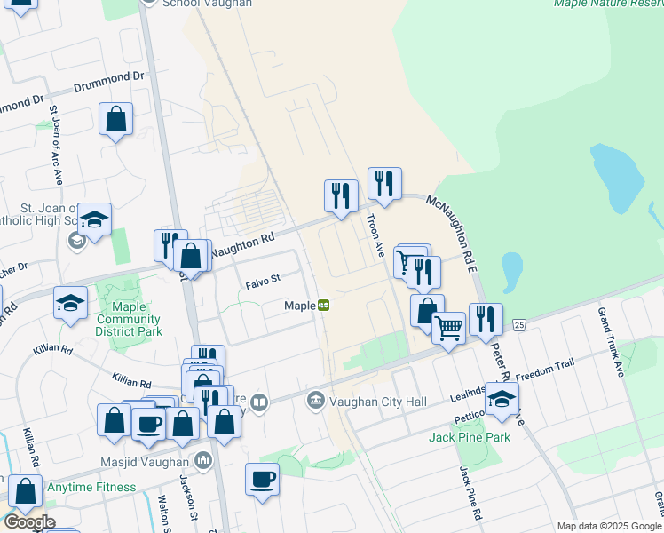 map of restaurants, bars, coffee shops, grocery stores, and more near 72 Salterton Circle in Vaughan