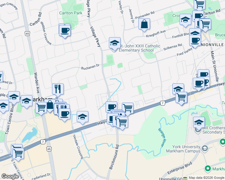 map of restaurants, bars, coffee shops, grocery stores, and more near 78 Fitzgerald Avenue in Markham