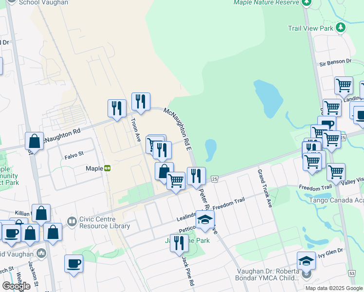 map of restaurants, bars, coffee shops, grocery stores, and more near 1860 Major Mackenzie Drive West in Vaughan