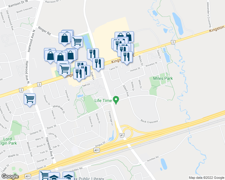 map of restaurants, bars, coffee shops, grocery stores, and more near 26 Field Crescent in Ajax