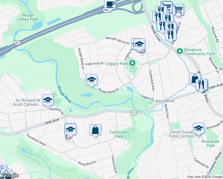 map of restaurants, bars, coffee shops, grocery stores, and more near 97 Rouge Bank Drive in Markham