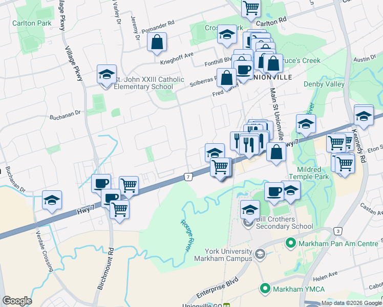 map of restaurants, bars, coffee shops, grocery stores, and more near 6 Woodglen Way in Markham
