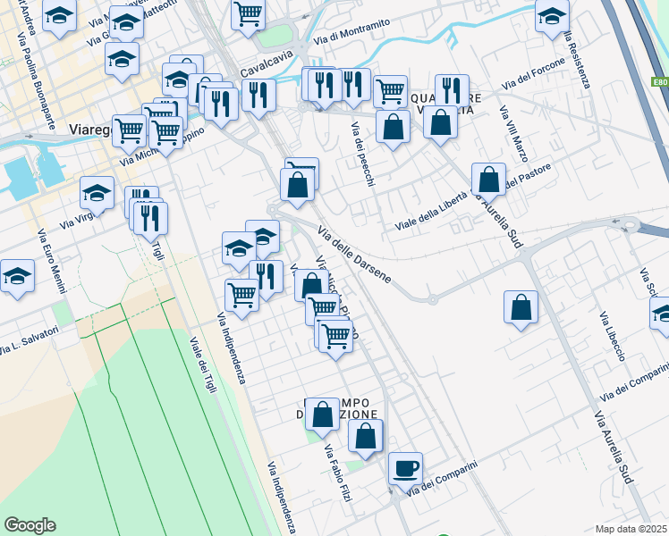 map of restaurants, bars, coffee shops, grocery stores, and more near 17 Via Ilio del Chiaro in Viareggio