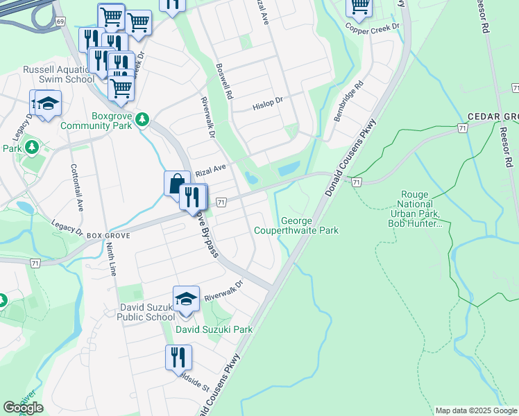map of restaurants, bars, coffee shops, grocery stores, and more near 75 Kentview Crescent in Markham